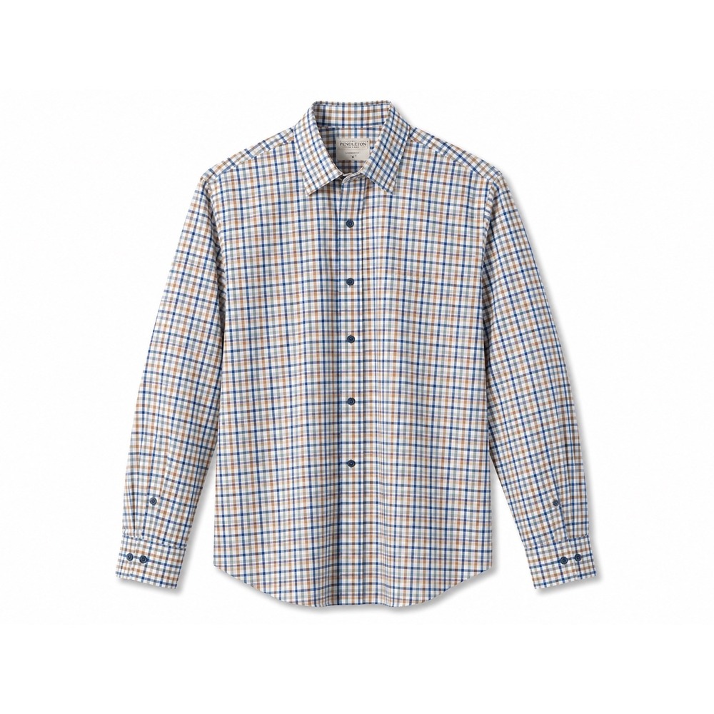 Lorenzo Uomo Trim Fit Men's Dress Shirt 16.5 32/33 Blue Tan Plaid Button Front